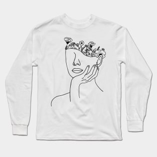 Minimalist Line Art Head and Flowers Long Sleeve T-Shirt